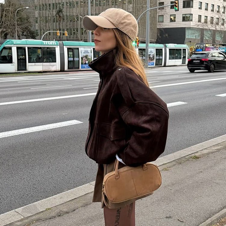 Women's Oversized Suede Bomber with Shoulder Epaulettes, Flap Pockets and High Stand-Up Collar Chichicherry