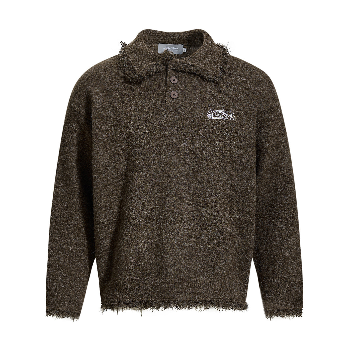 Unisex Chunky Knit Polo Collar Sweater with Fringe Trim Chichicherry