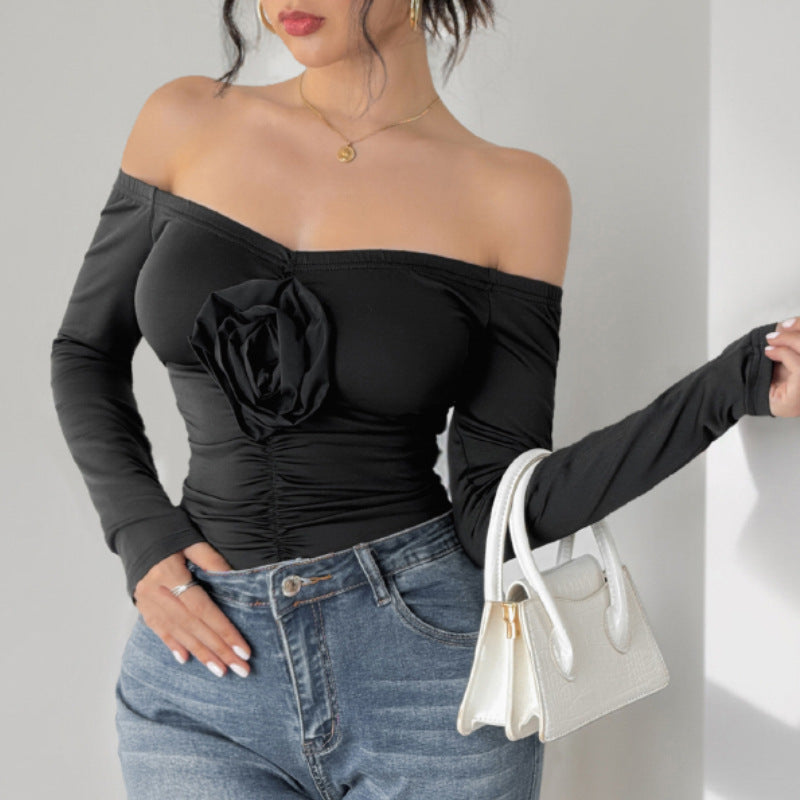 Women's Off-Shoulder Long Sleeve with Rose Appliqué and Tailored Gathering Chichicherry