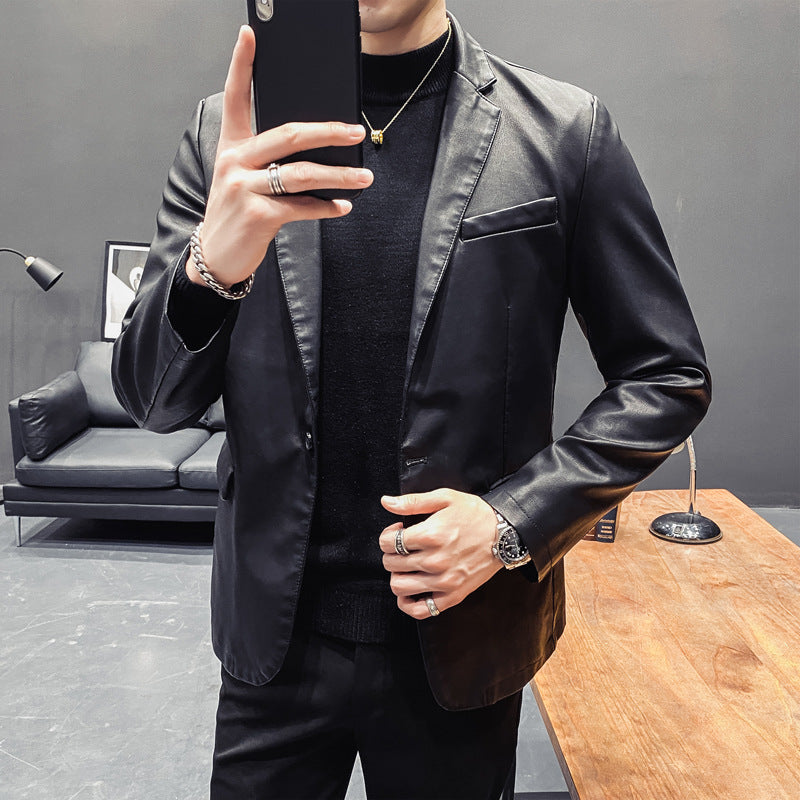 Men's Slim-Fit Leather Blazer with Tailored Silhouette and Classic Lapel Collar Chichicherry