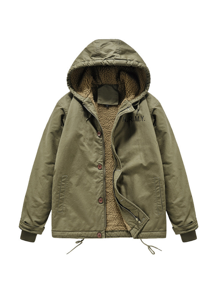 Men's military-inspired thermal hoodie jacket with teddy-sherpa lining and drawstring Chichicherry