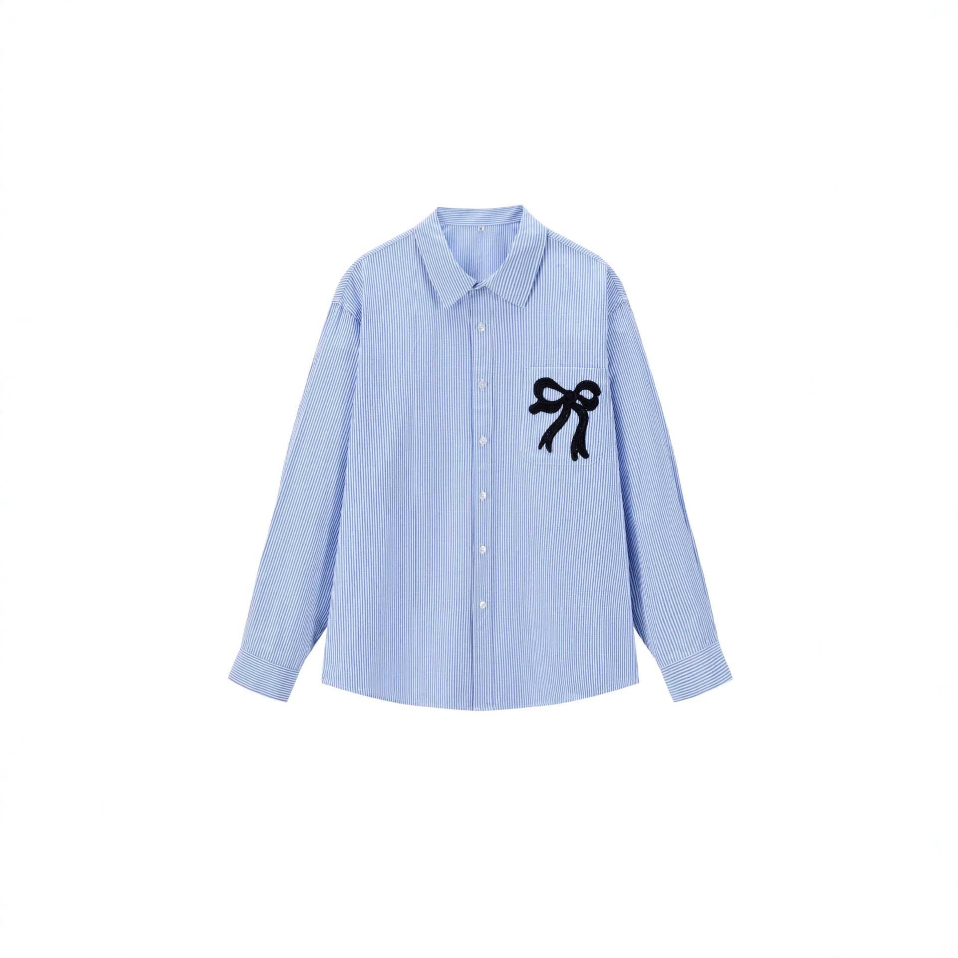 Women’s oversized shirt blouse with fine pinstripes and embroidered bow chest pocket Chichicherry