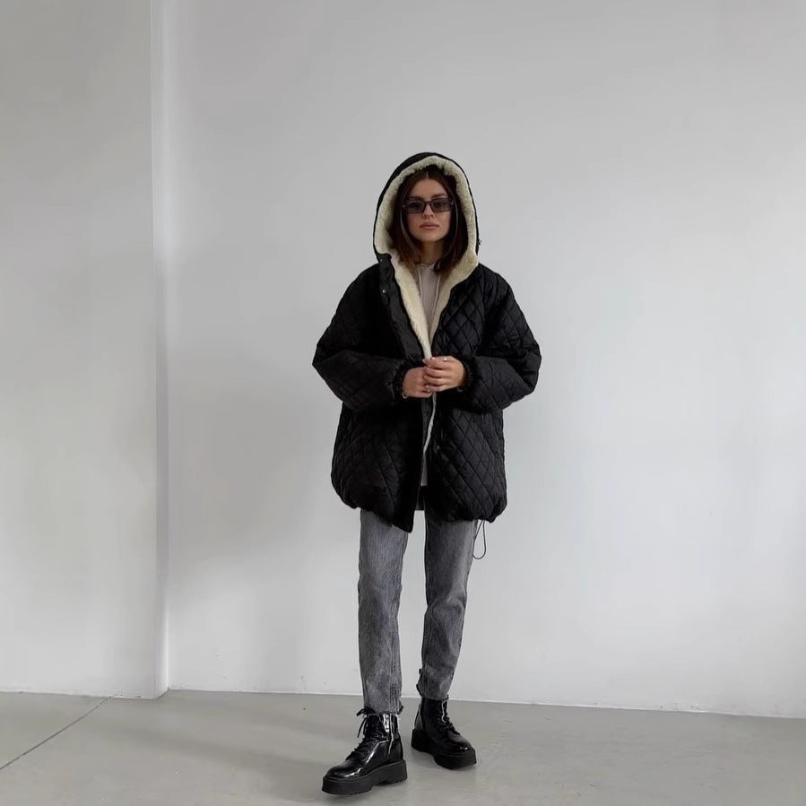 Damen Oversize Steppjacke mit Teddyfutter und Kapuze Chichicherry