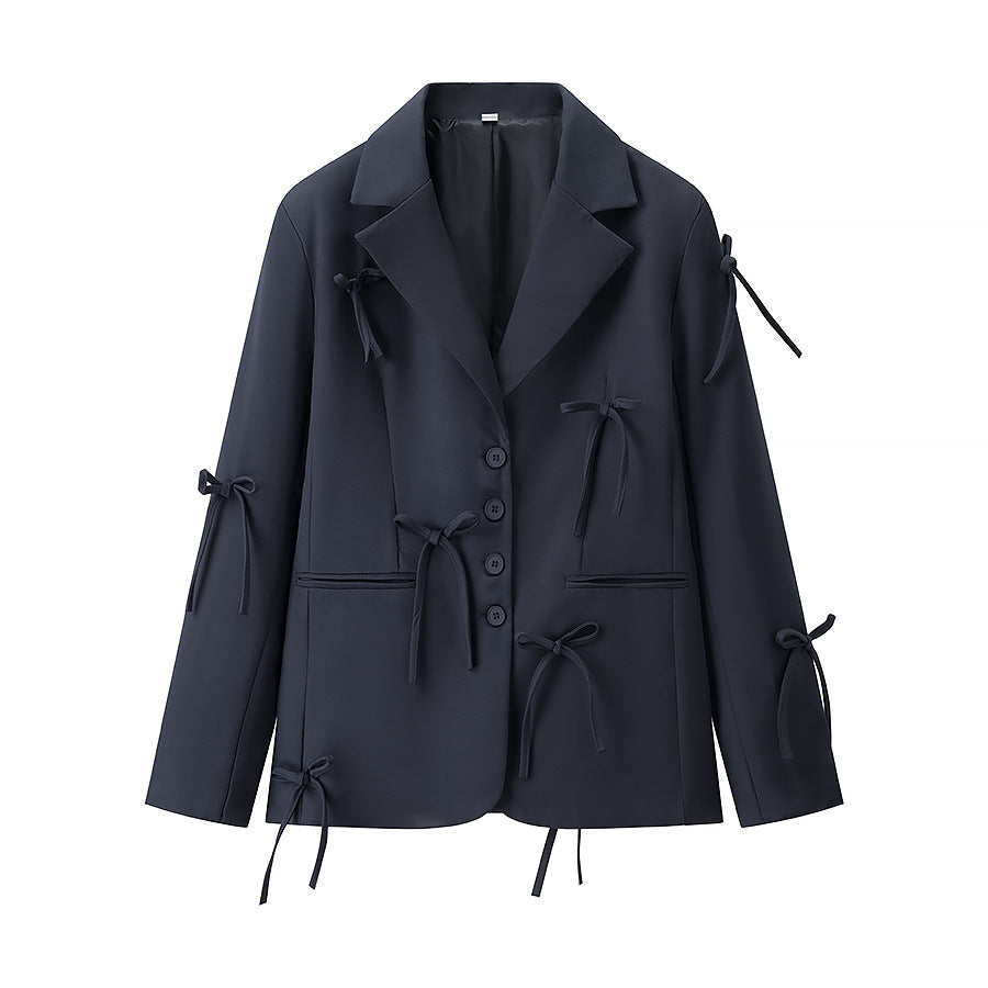 Women's Tailored Blazer with Decorative Bows and Coordinated Mini Skirt Set Chichicherry