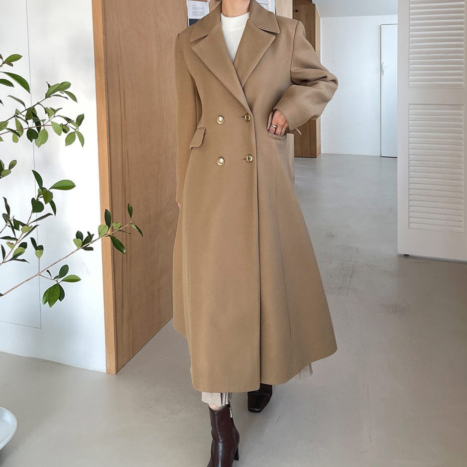 Women's Mid-length tailored A-line wool blend coat with flared skirt and golden decorative buttons Chichicherry