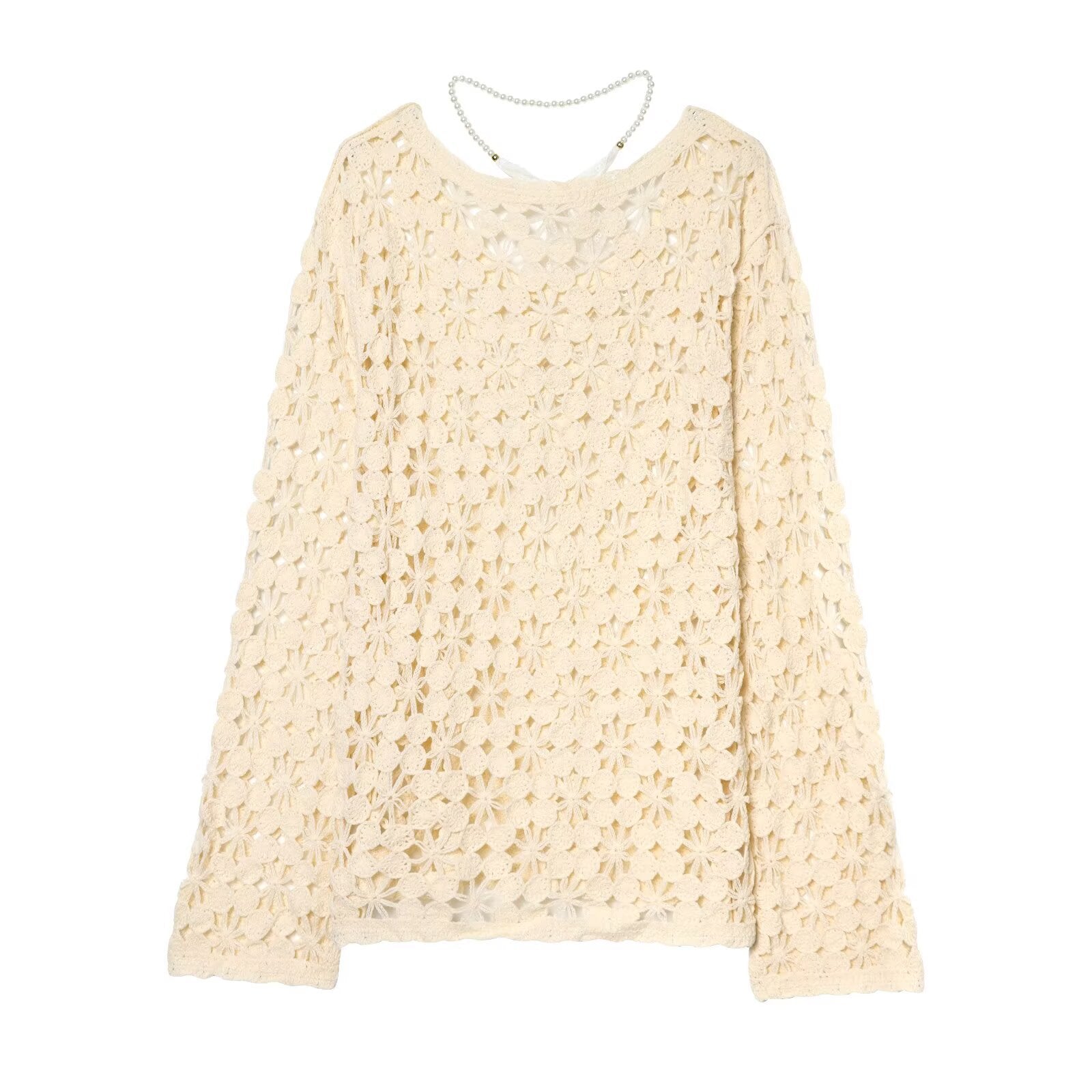 Women's crochet pullover with floral lace look, scallop hem, and delicate ribbon Chichicherry