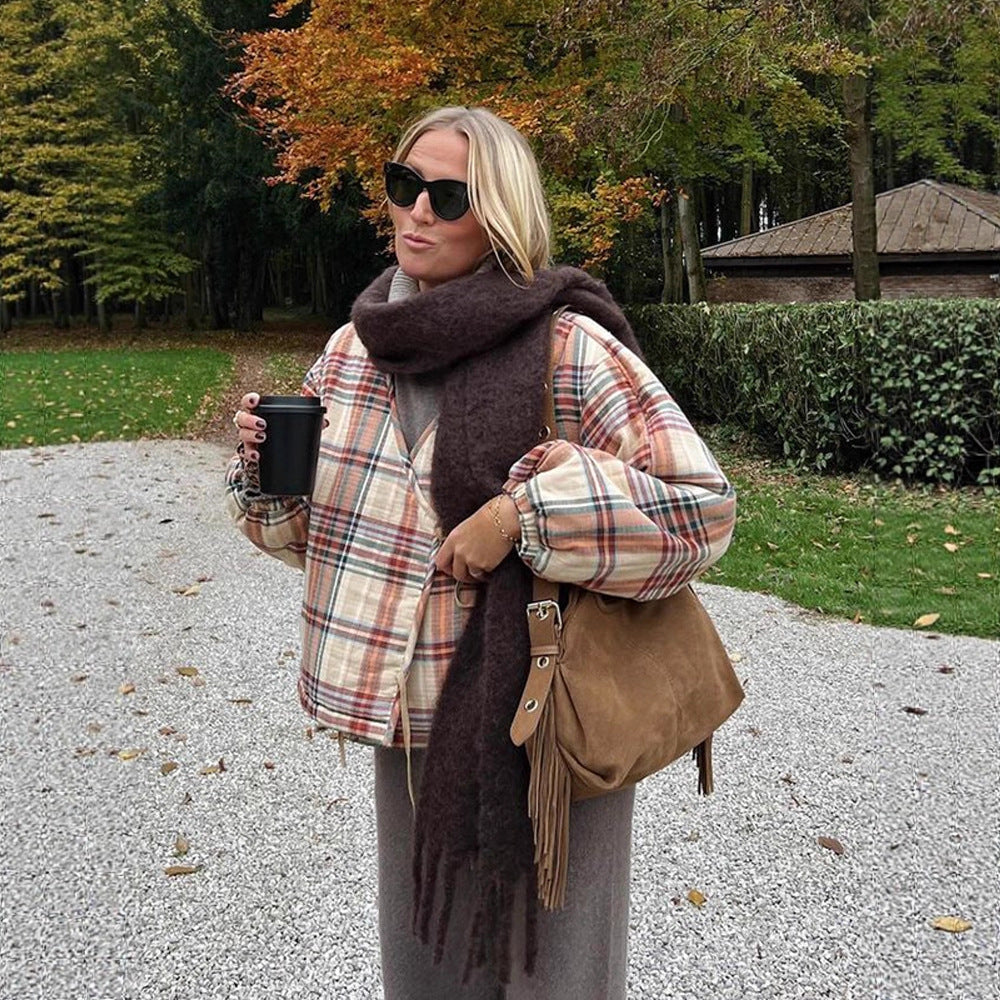 Women Padded Short Quilted Jacket in Check Pattern with Drawstring Hem and Oversized Sleeves Chichicherry