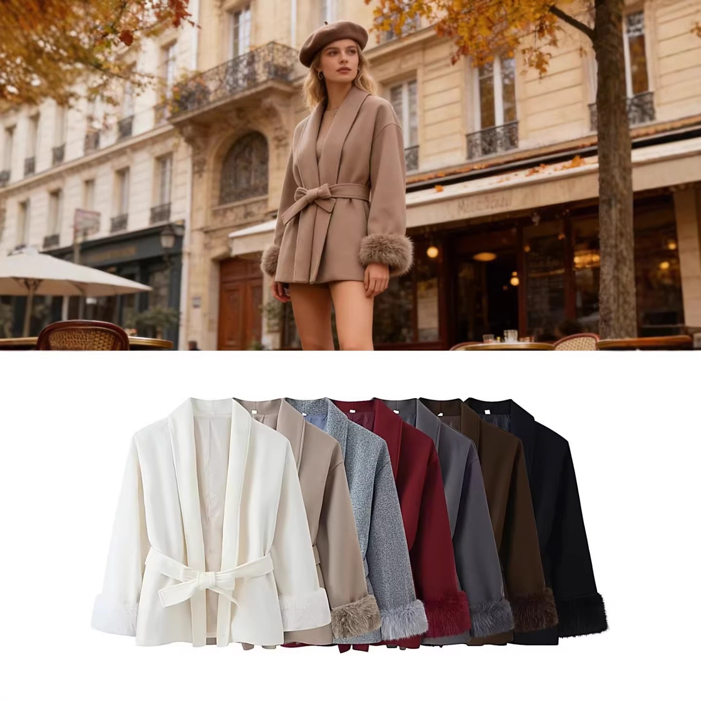 Women's wrap belt coat with shawl collar and faux fur cuffs Chichicherry