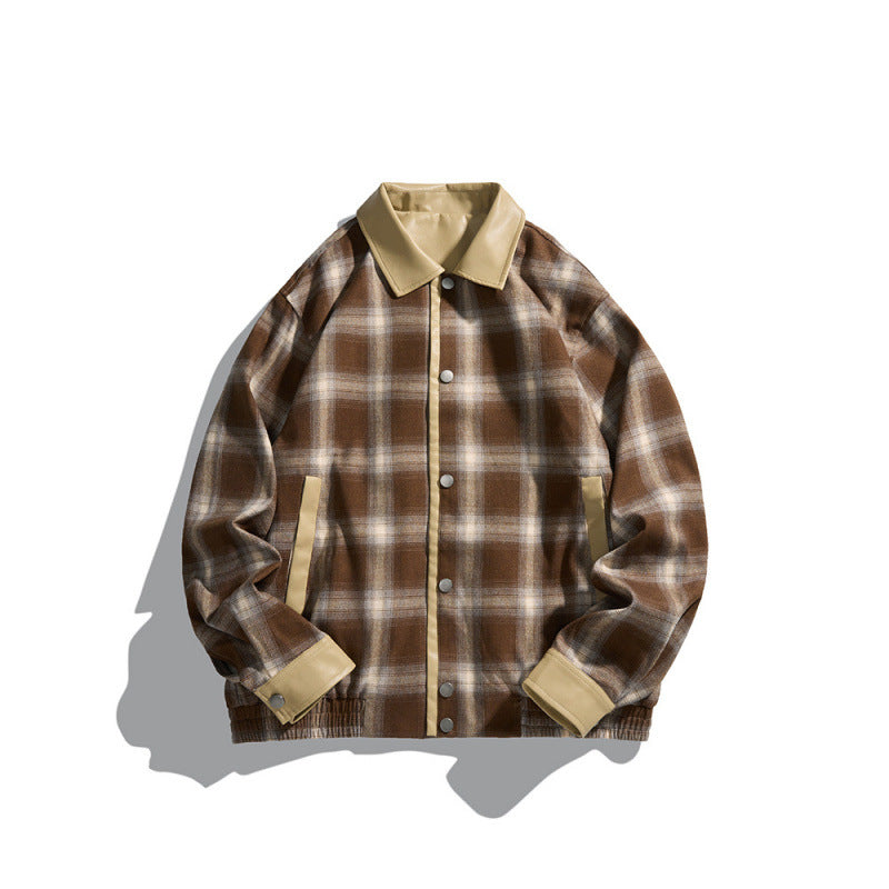 Men's Boxy Checkered Shirt Jacket with Faux Leather Collar, Snap Button Closure and Leather Accents Chichicherry