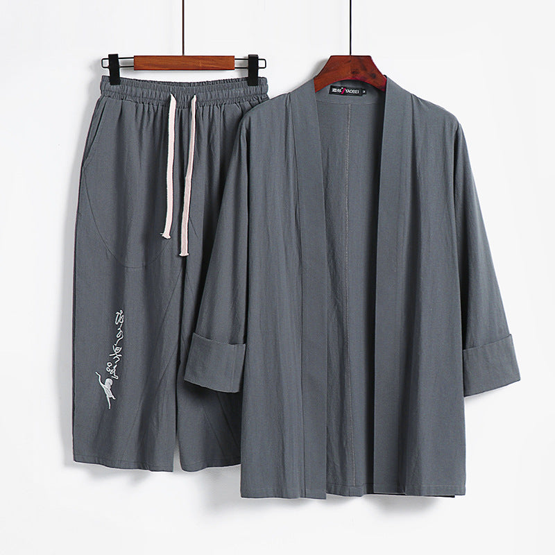 Women Kimono Set made of lightweight cotton blend open jacket with casually rolled sleeves and wide harem pants with drawstring Chichicherry