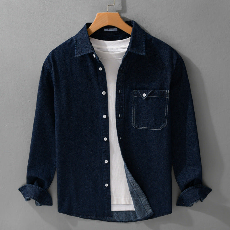 Men's denim overshirt in shirt jacket style with patch chest pocket and relaxed fit Chichicherry