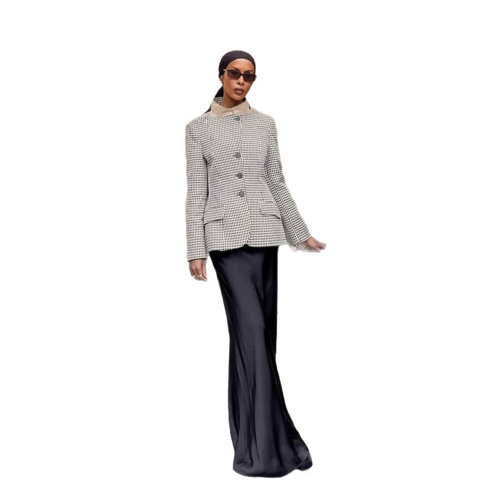 Women's Tailored Short Blazer in Vichy Check with Stand Collar and Curved Hem Chichicherry