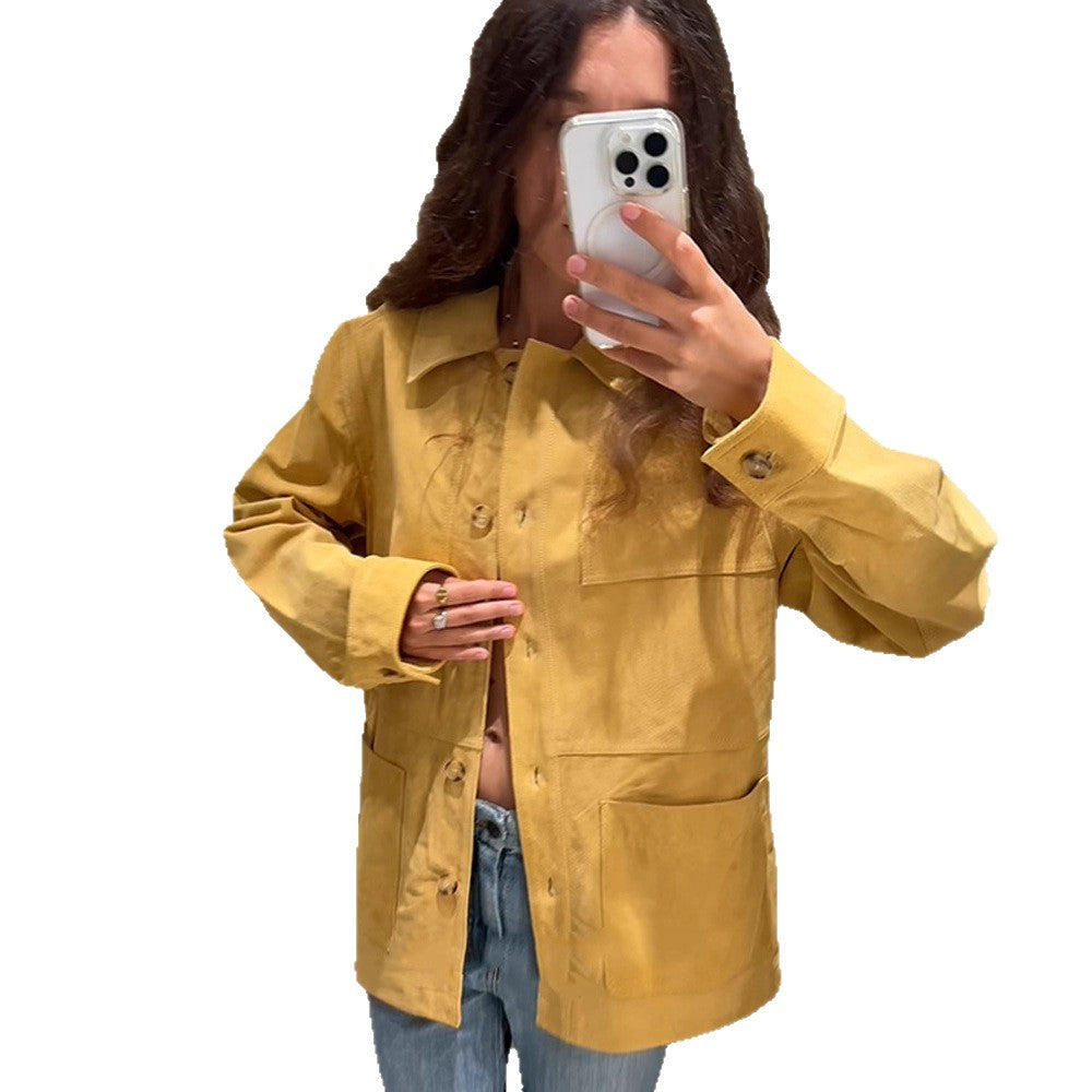 Women's Oversized Cotton Worker Jacket with Patch Pockets Chichicherry