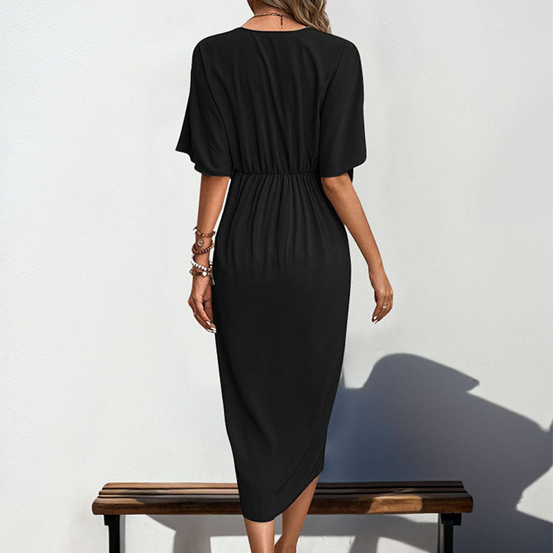 Women’s Wrap Midi Dress with Knot Detail, V-Neck and Dropped Sleeves Chichicherry