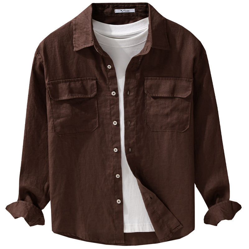 Men's Loose Linen Overshirt with Chest Pockets and Button Placket Chichicherry