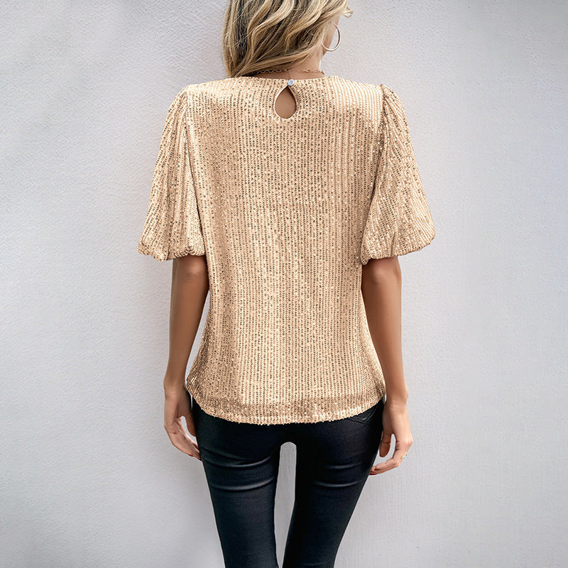 Women's Shiny Fine Knit Shirt with Gathered Puff Sleeves and Round Neckline Chichicherry