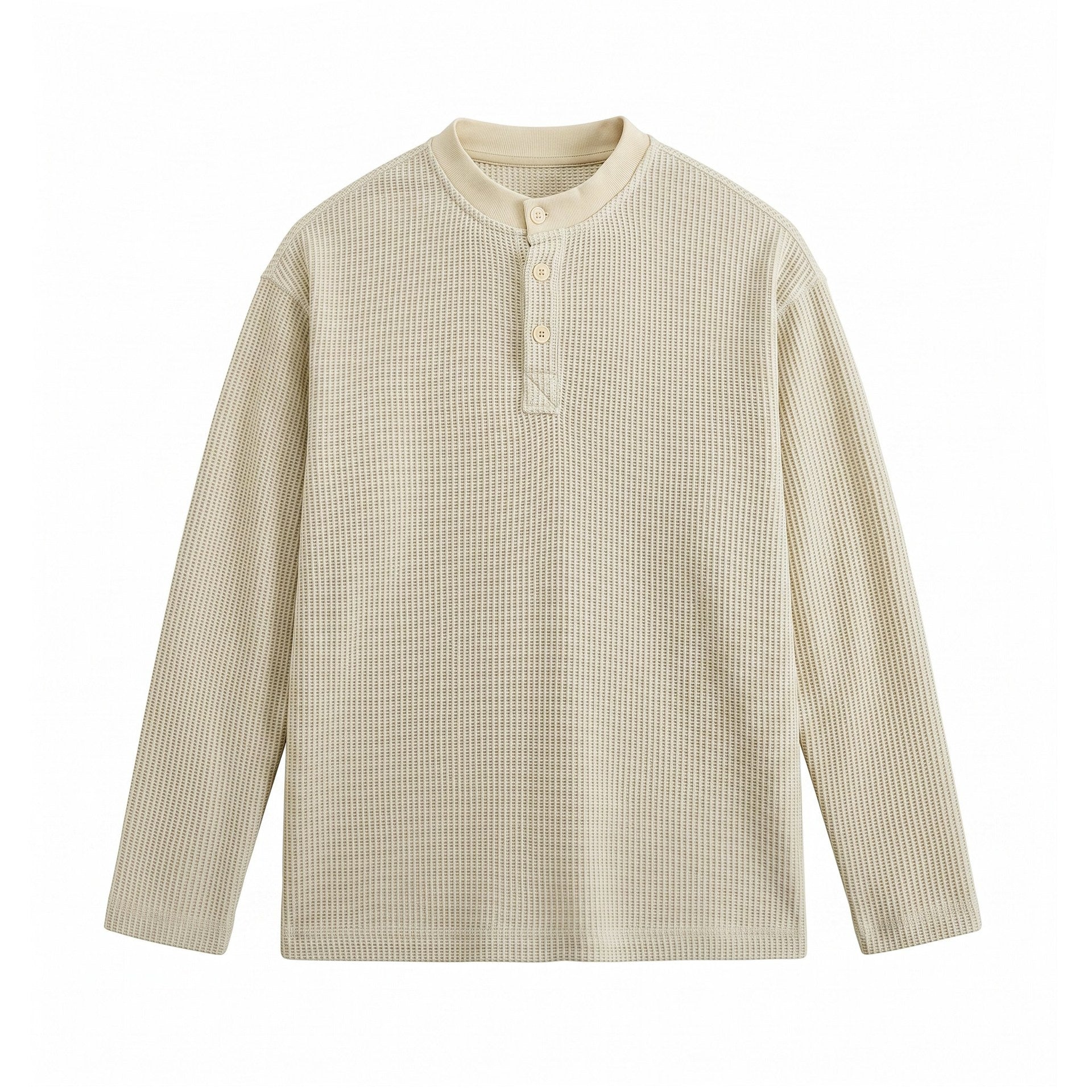 Men's Waffle Knit Henley with Stand Collar and Triple Button Placket Chichicherry