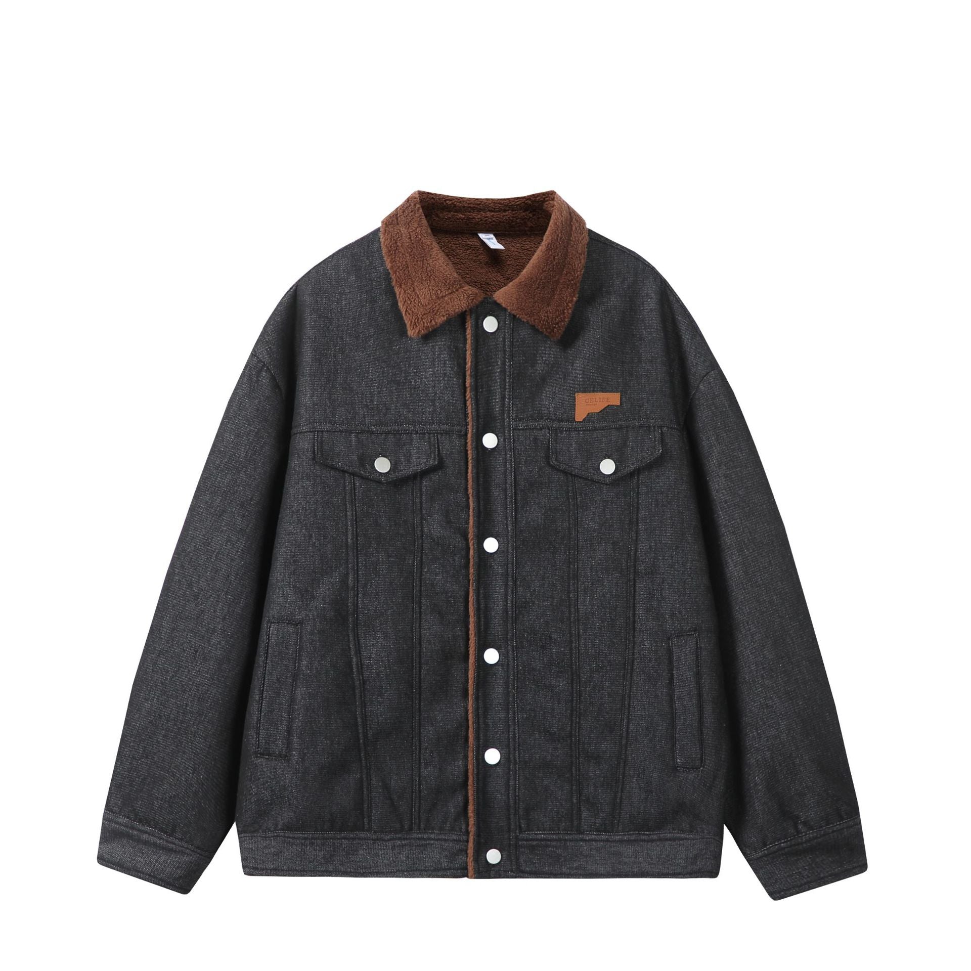 Men's Lined Denim Jacket with Teddy Collar, Snap Front and Utility Pockets Chichicherry