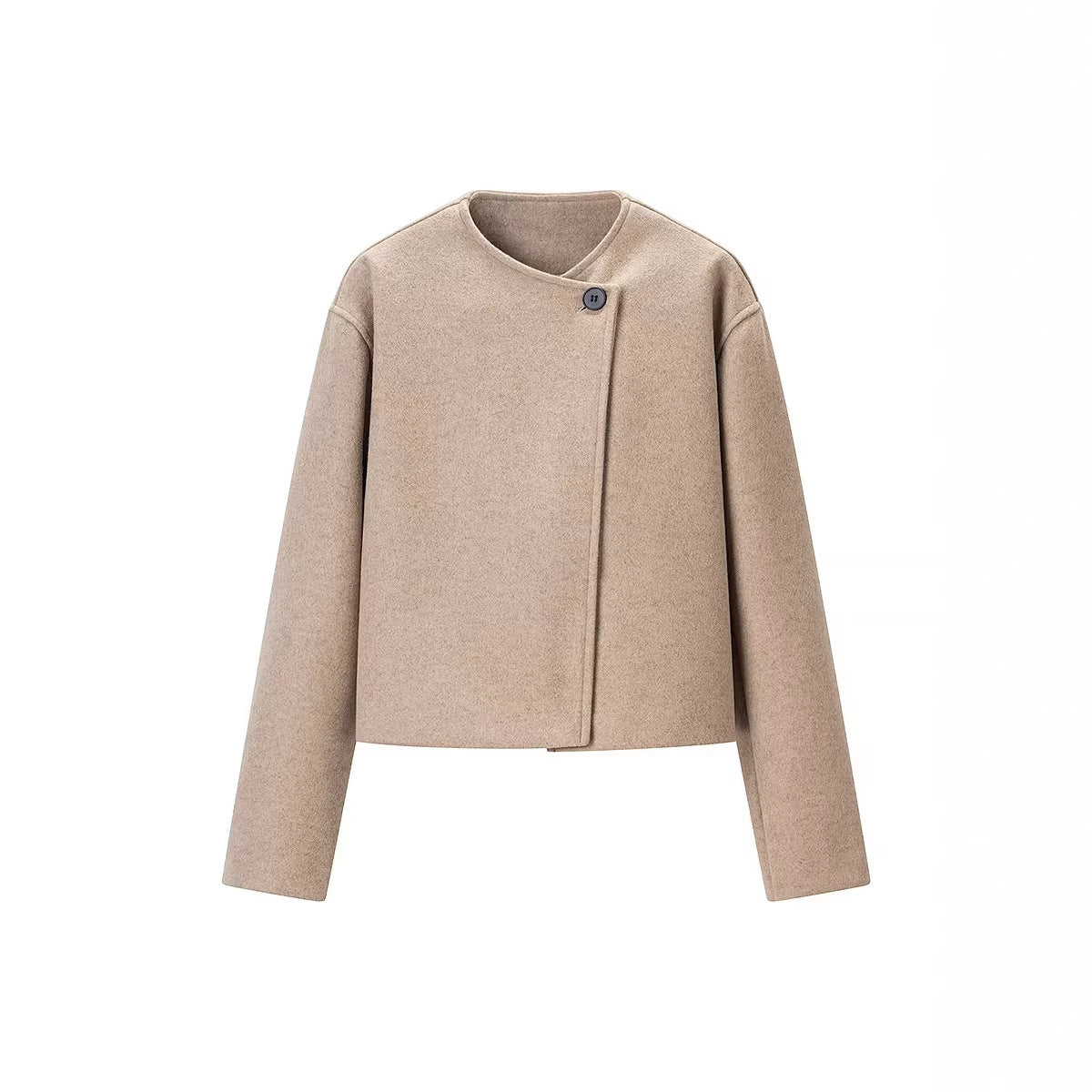 Women's Short Cut Wool Mix Boxy Jacket with Asymmetrical Button Placket Chichicherry