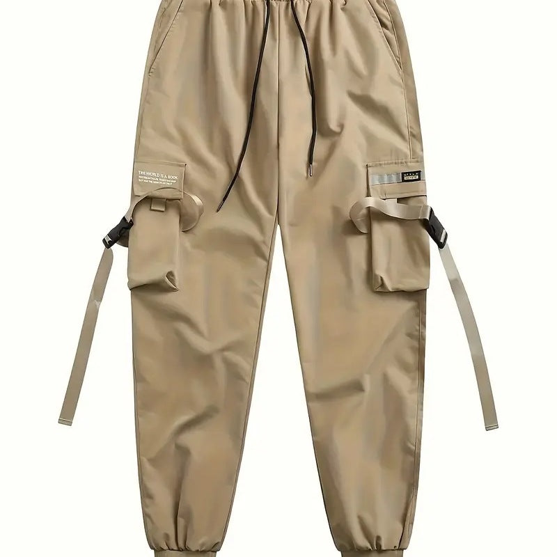 Men's Technical Cargo Jogging Pants with Multiple Pockets, Belt Straps & Elastic Cuffs Chichicherry