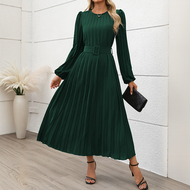 Women's Pleated Midi Dress with Waist Belt, Long Puff Sleeves and Side Slit Chichicherry