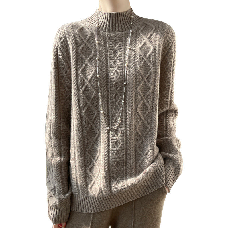 Women's cable-knit mock neck sweater with fine ajour detail and fluffy cashmere look Chichicherry