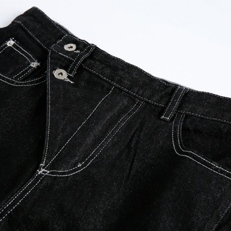 Women's Wide High-Waist Denim Jeans with Asymmetric Button Placket and Contrast Stitching Chichicherry