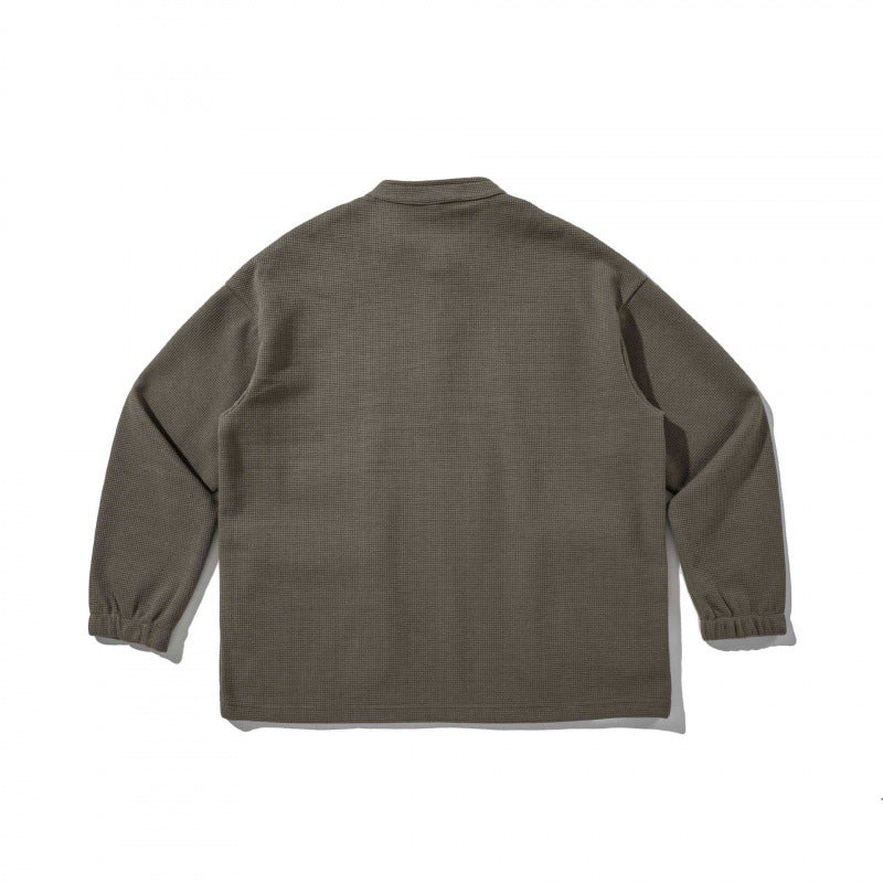 Unisex Oversize Waffle Knit Henley Sweatshirt with Stand-Up Collar, Snap Placket and Utility Pockets Chichicherry