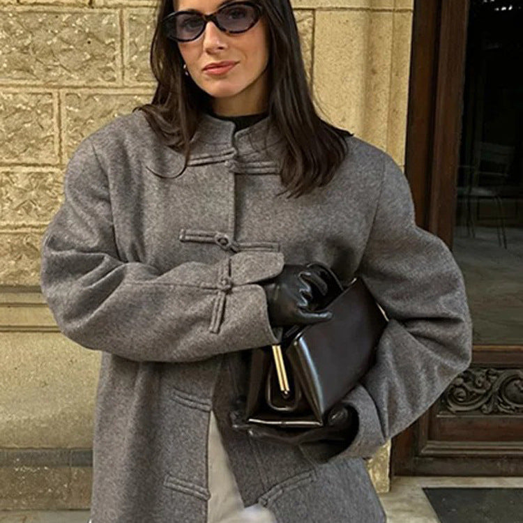 Women's Boxy Wool Blend Short Jacket with Toggle Closures and Stand-up Collar Chichicherry