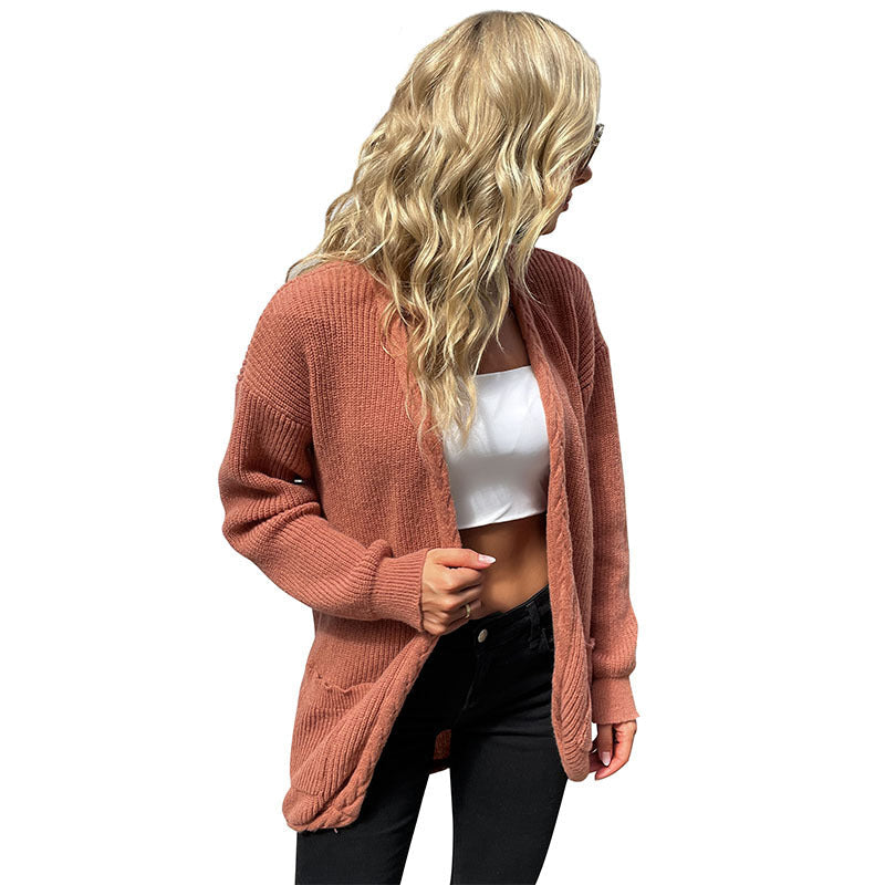 Women Long Open Cozy Cardigan made of Chunky Knit with Patch Pockets and Relaxed Fit Chichicherry