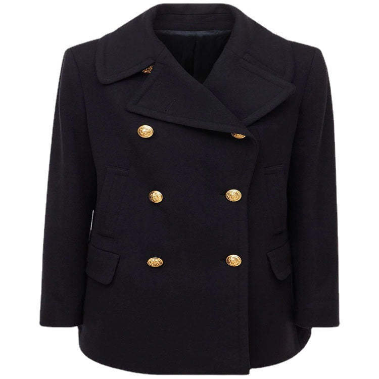 Women's Short Double-Breasted Wool Blend Peacoat with Golden Decorative Round Buttons and Tailored Silhouette Chichicherry