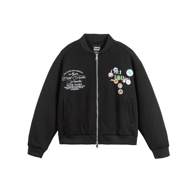 Unisex Boxy Sweat Jacket with full zip, badge applications and ribbed hem Chichicherry