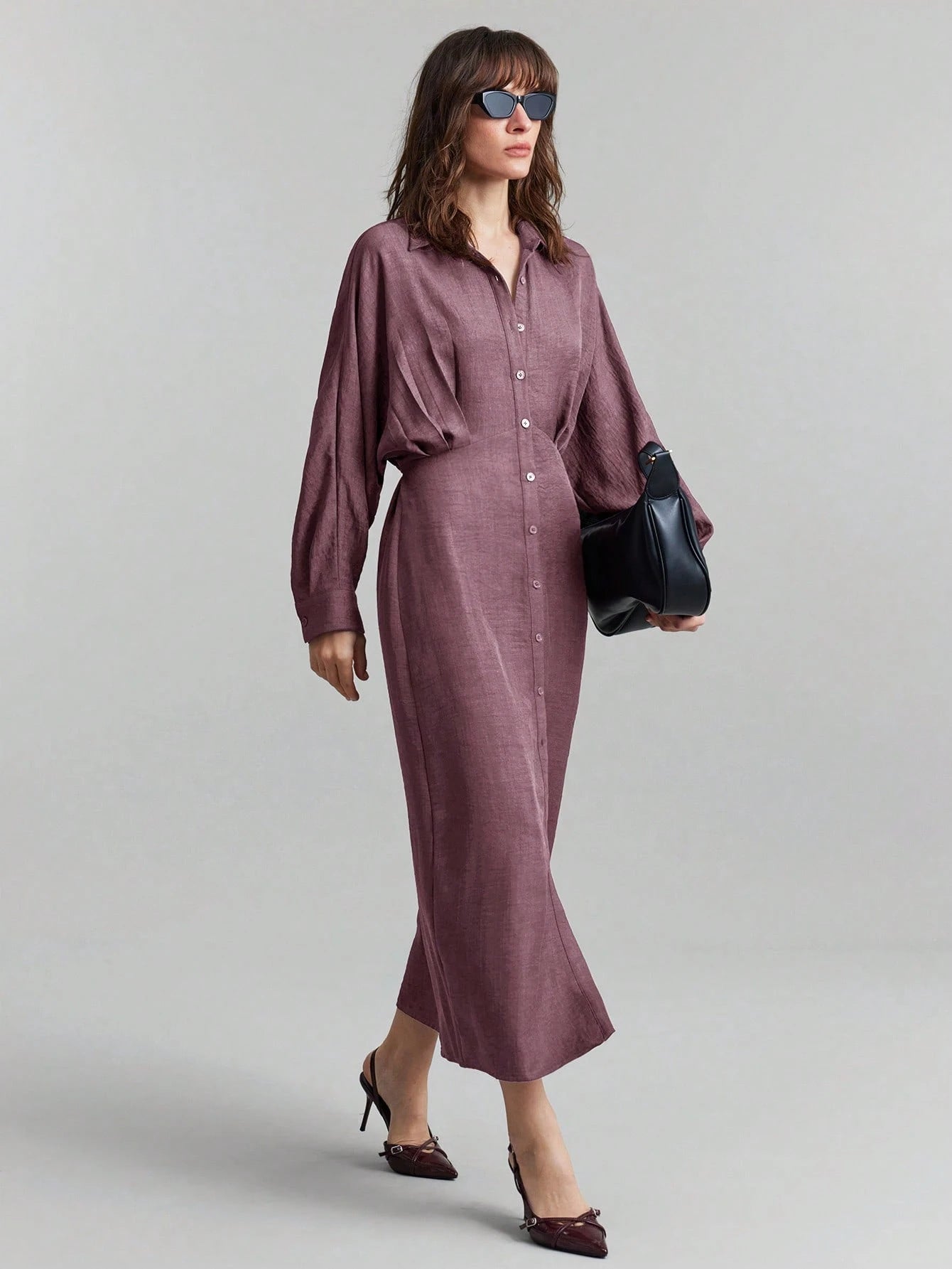 Damen Leinen-Maxikleid mit Hemdkragen, durchgehender Knopfleiste und Fledermausärmeln Chichicherry