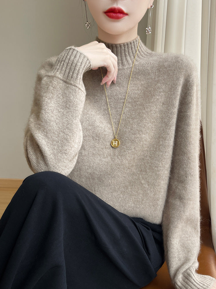 Women's Luxury Soft Midweight Mock Neck Sweater in Angora Look with Fine Rib and Relaxed Silhouette Chichicherry