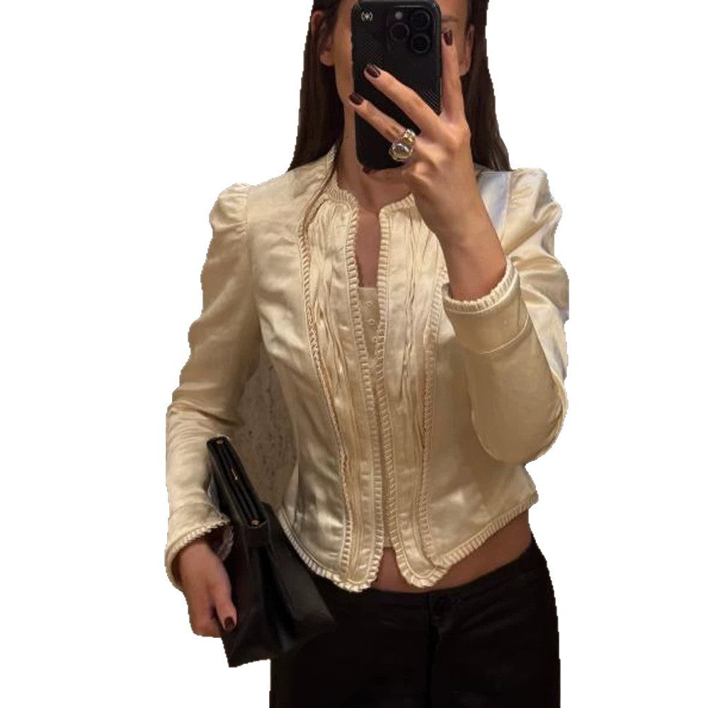 Women Tailored Cropped Blazer with Sculpted Shoulder and Decorative Trimmings Chichicherry