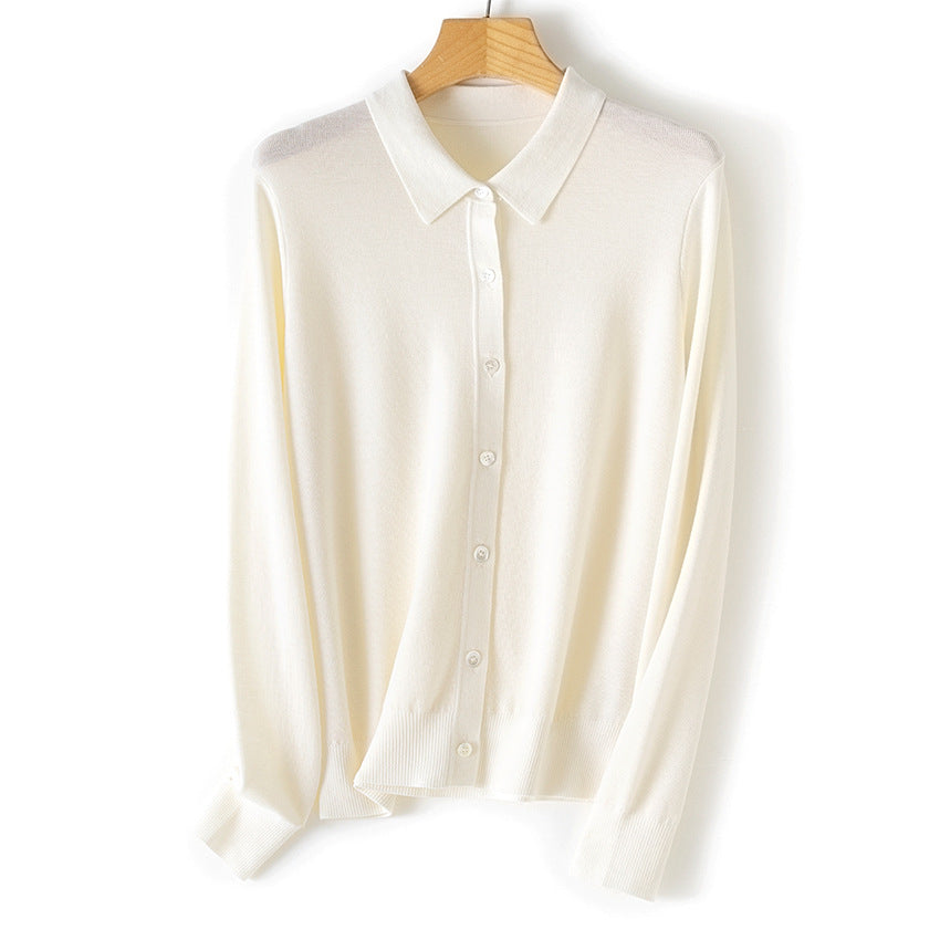 Women Fine Knit Cardigan with Shirt Collar and Continuous Button Placket Chichicherry