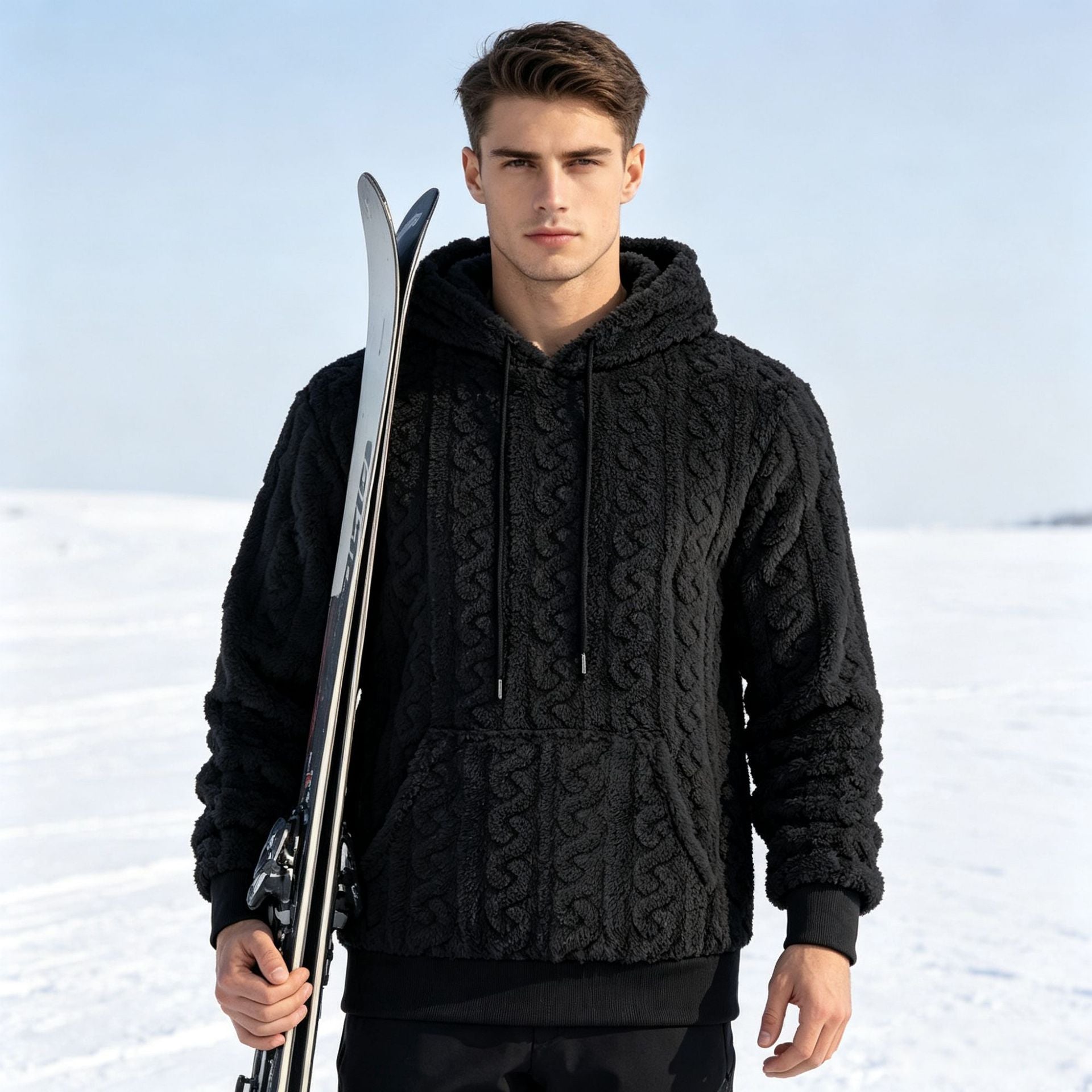 Men's Sherpa Hoodie with Cable Knit Pattern, Kangaroo Pocket and Ribbed Cuffs Chichicherry