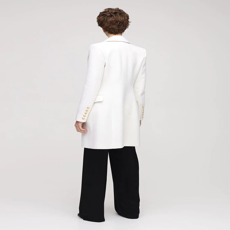 Women Narrow Cut Double-Breasted Wool Blend Long Coat with Distinctive Shoulder and Golden Decorative Round Buttons Chichicherry