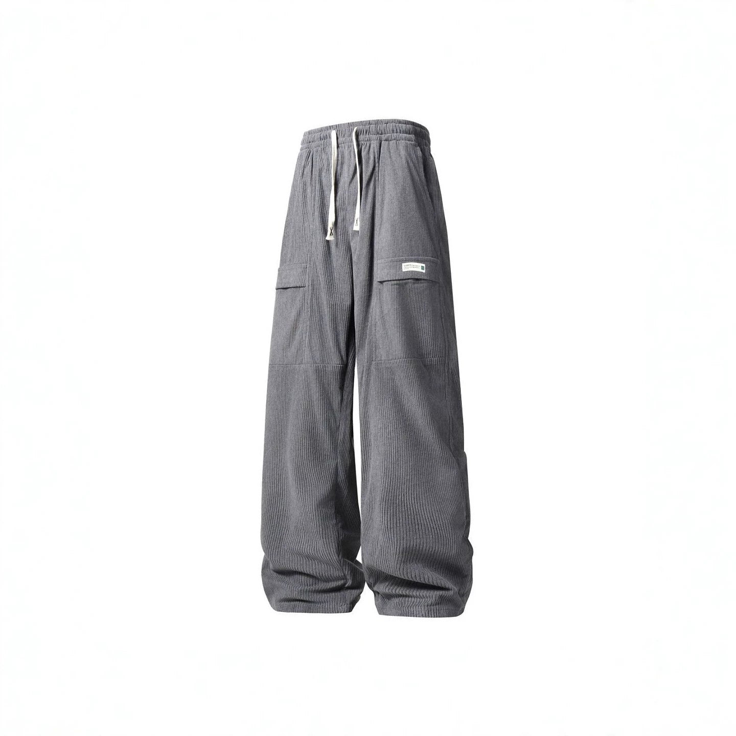 Men's Wide Cord Cargo Pants with Drawstring Waist, Flap Pockets & Ribbed Texture Chichicherry