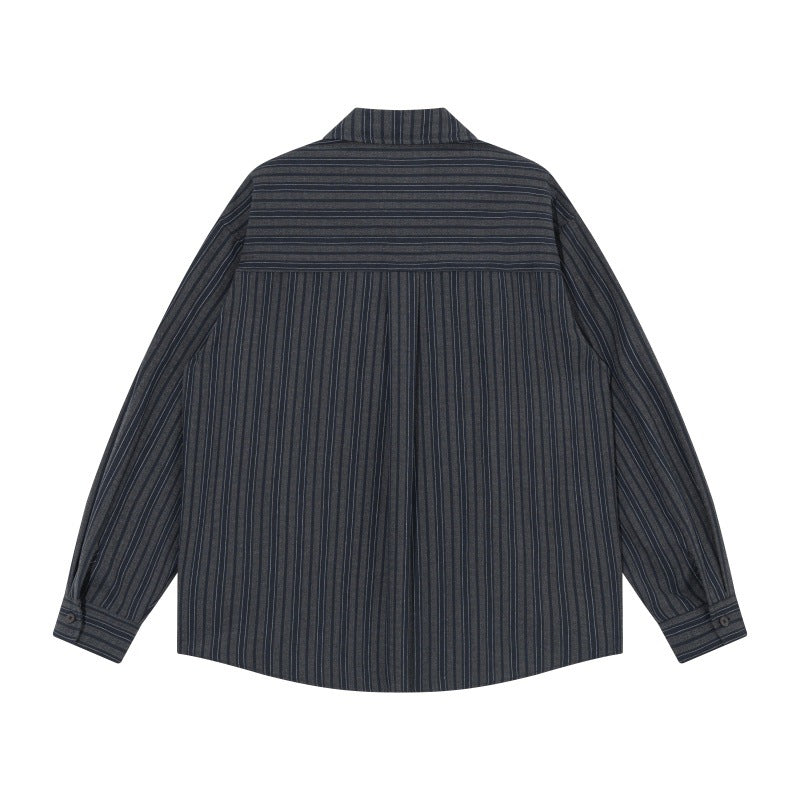 Men's oversized shirt jacket with vertical stripes, patch chest pockets, and rounded hem Chichicherry