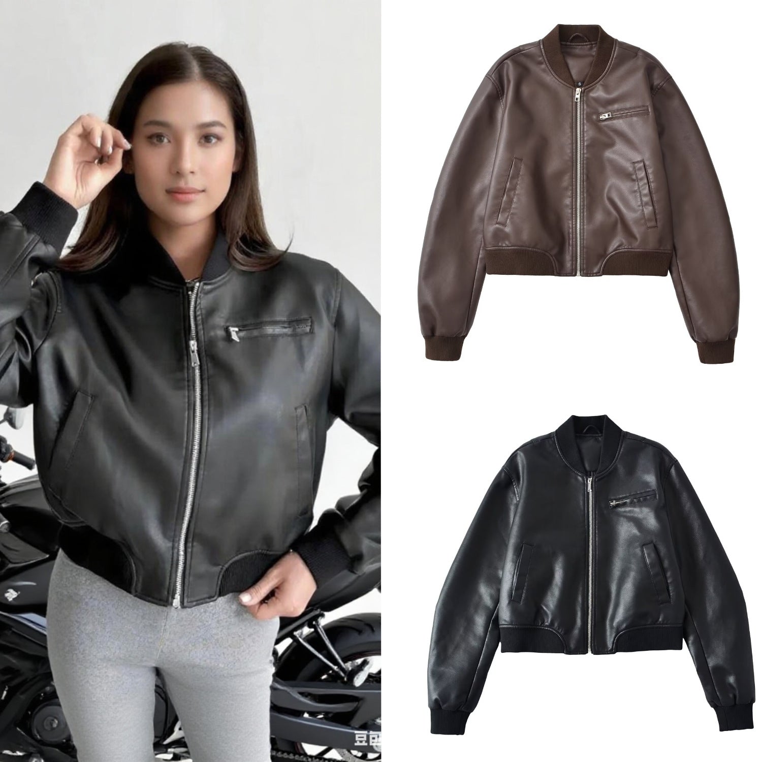 Women Short Leather Look Bomber Jacket with Ribbed Cuffs and Chest Zipper Pocket Chichicherry