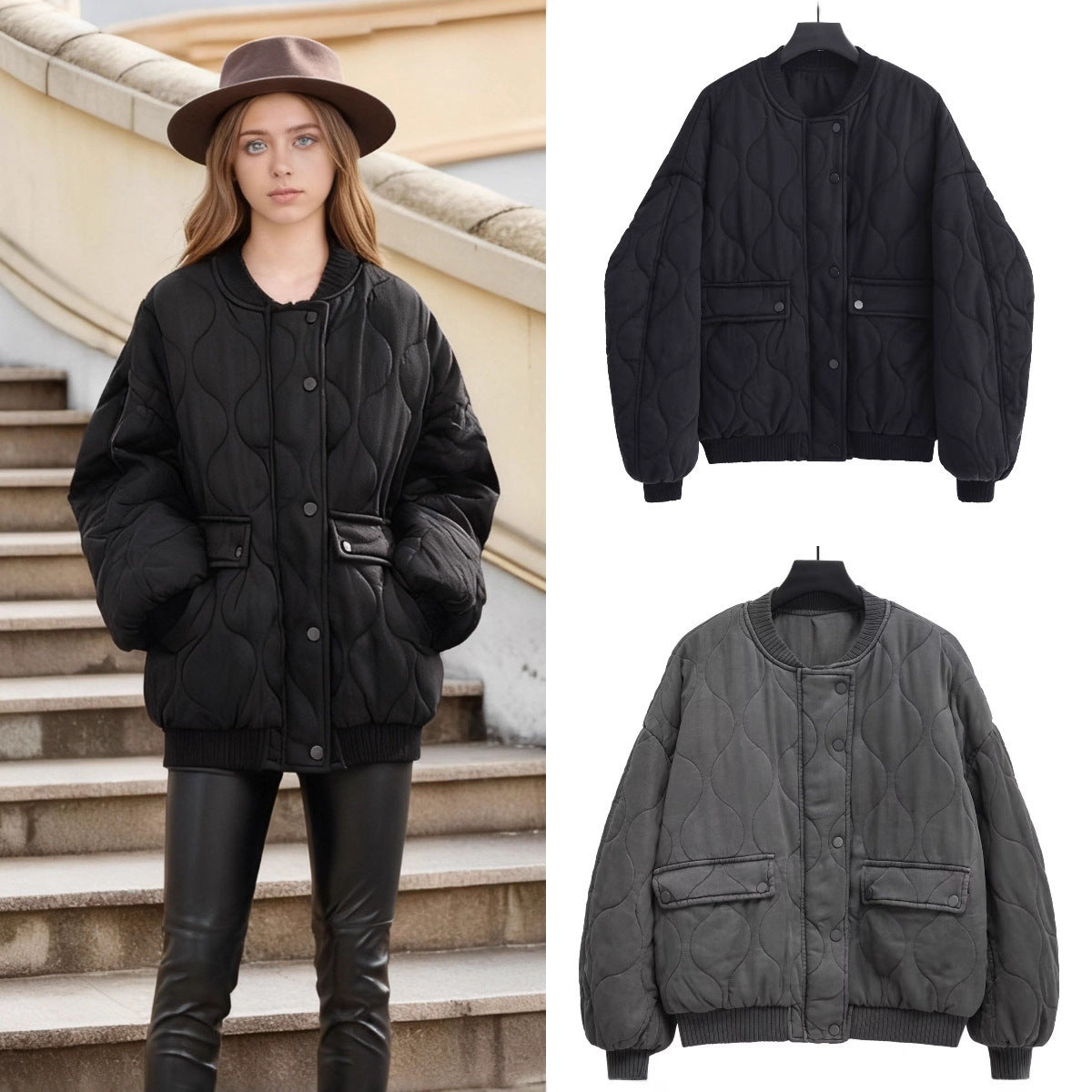 Women's Quilted Bomber Jacket with Organic Quilting and Snap Front Chichicherry