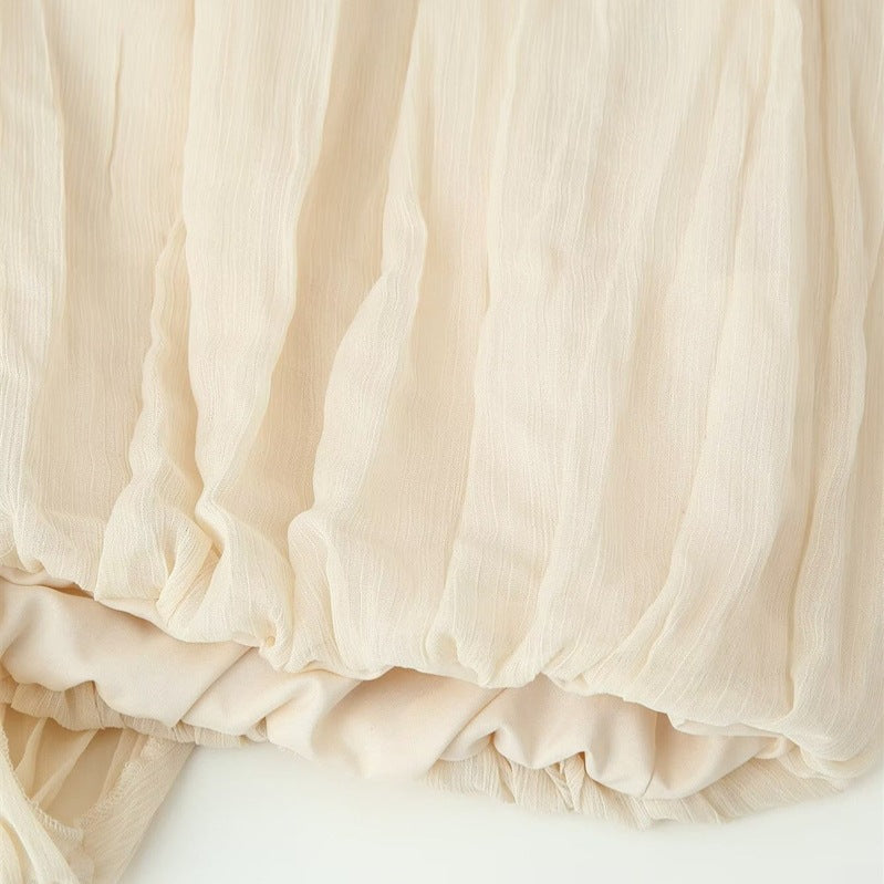 Women Transparent Pleated Chiffon Blouse with Neck Scarf Bow and Asymmetric Hem Chichicherry
