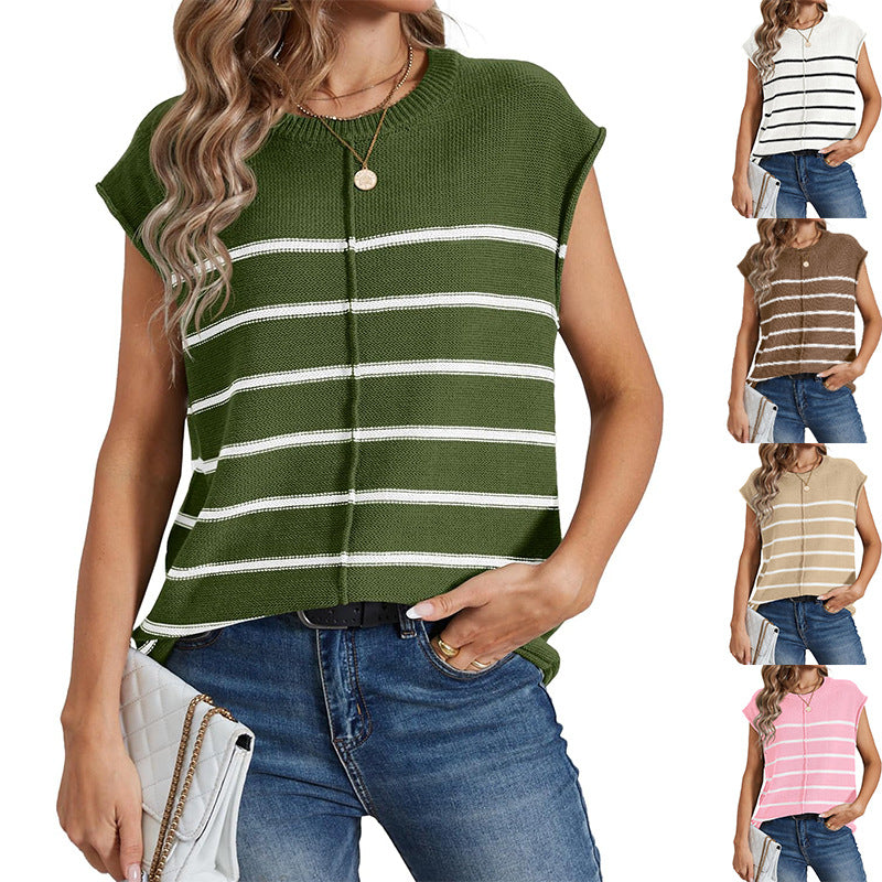 Women's sleeveless striped knit top in boxy cropped style Chichicherry