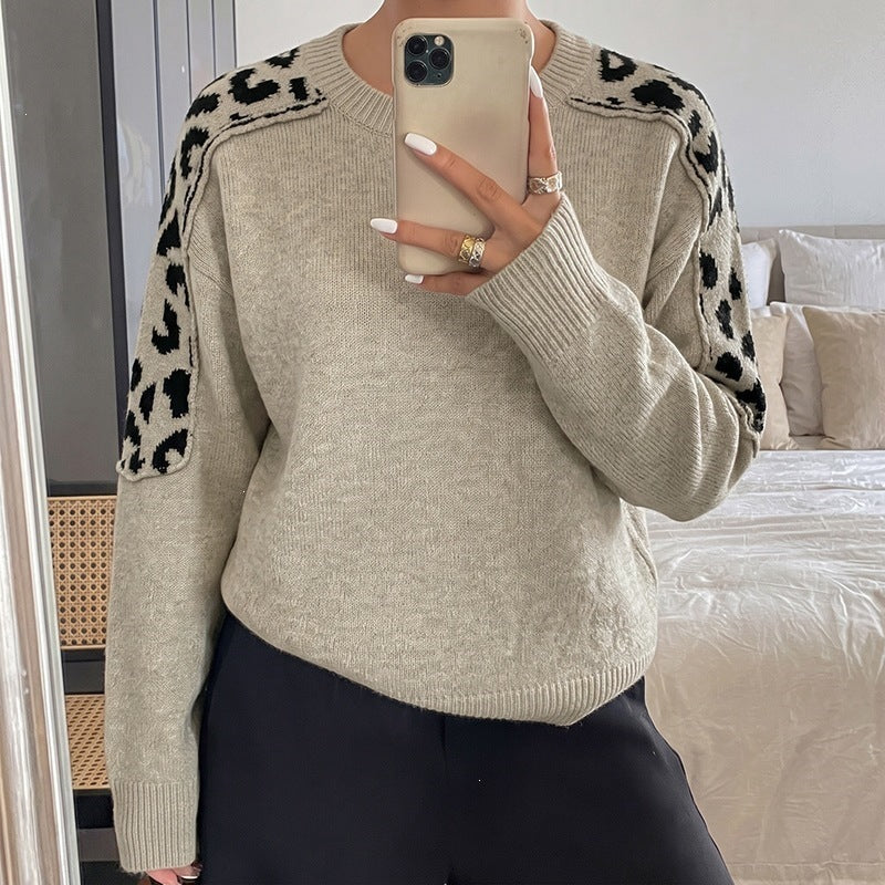 Women's Oversize Knit Sweater with Leo Jacquard Shoulder Inserts Chichicherry