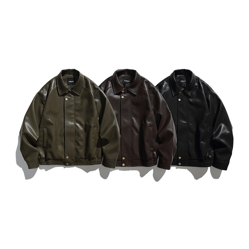 Men's Boxy Faux Leather Bomber Jacket with Concealed Snap Placket, Elastic Hem, and Patch Pockets Chichicherry