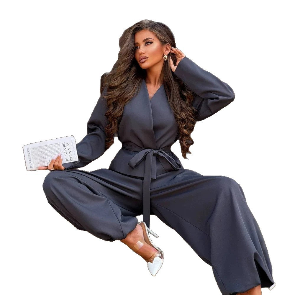 Women's Elegant Two-Piece Set with Wrap Jacket and Wide Pleat Trousers Chichicherry