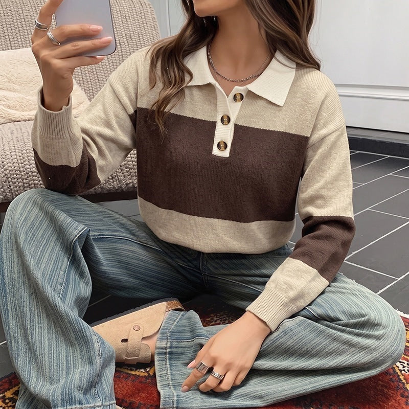 Women Striped Oversized Polo Knit Sweater with Button Placket and Ribbed Hem Chichicherry