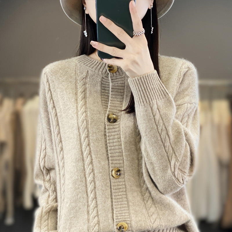 Women's Cashmere-like Cable Knit Cardigan with Round Neck and Horn Look Buttons Chichicherry