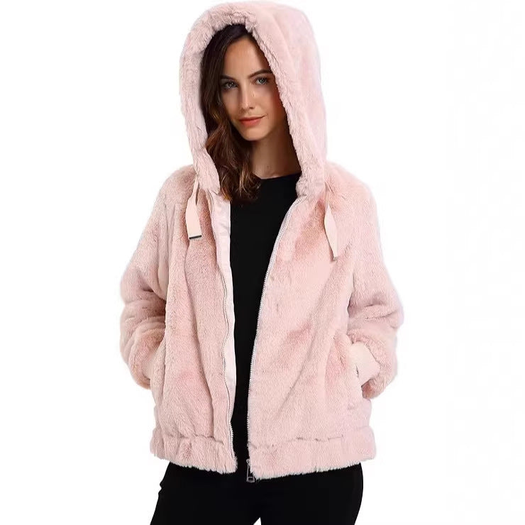 Women’s hooded teddy jacket made of soft faux fur with zipper and ribbed cuffs Chichicherry